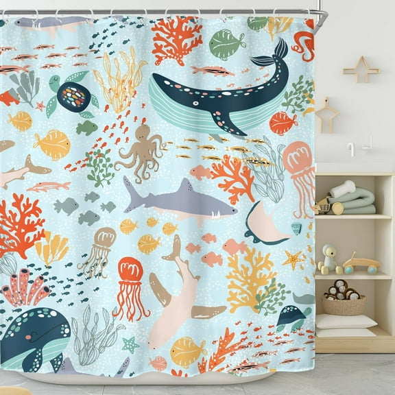 Shark Kids Fish Shower Curtain for Bathroom Decor 72Wx72H Teal Blue Sea Animal Ocean Whale Funny Cartoon Underwater Turtle Boys Art Printed Fabric Polyester Waterproof 12 Pack Plastic Hooks