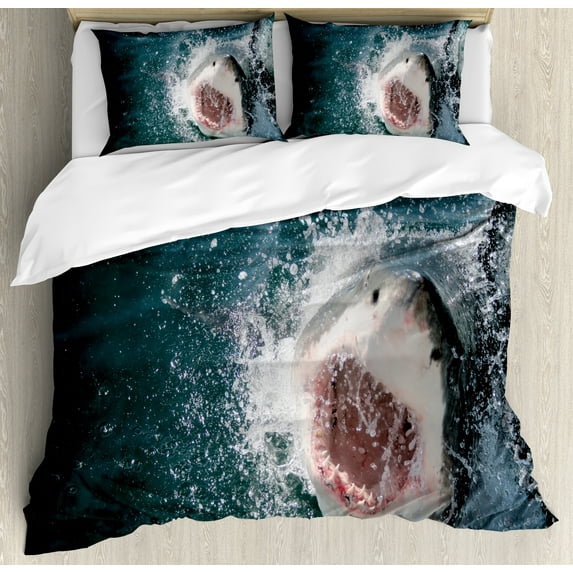 Shark King Size Duvet Cover Set, Wild Animal in the Sea Attacking Showing the Mouth and Teeth Scary Print, Decorative 3 Piece Bedding Set with 2 Pillow Shams, Petrol Blue Grey White, by Ambesonne