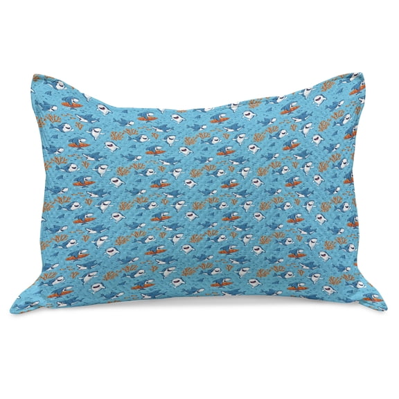 Shark Knitted Quilt Pillowcover, Underwater Fantasy World with Funny Fish Characters Cheerful Mascots, Standard King Size Pillow Cover for Bedroom, 36" x 20", Blue White Orange, by Ambesonne