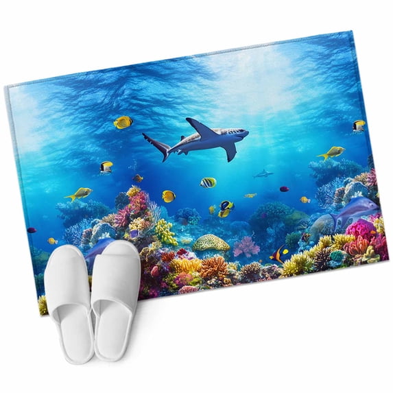 Shark Large Area Rugs for Bedroom Living Room, Non Slip Carpet Bedside Rug, Blue Ocean Underwater Animal Coral Tropical Fish Rectangular Floor Cover Kitchen Accent Rug 2'x3' for Dining Room/Office