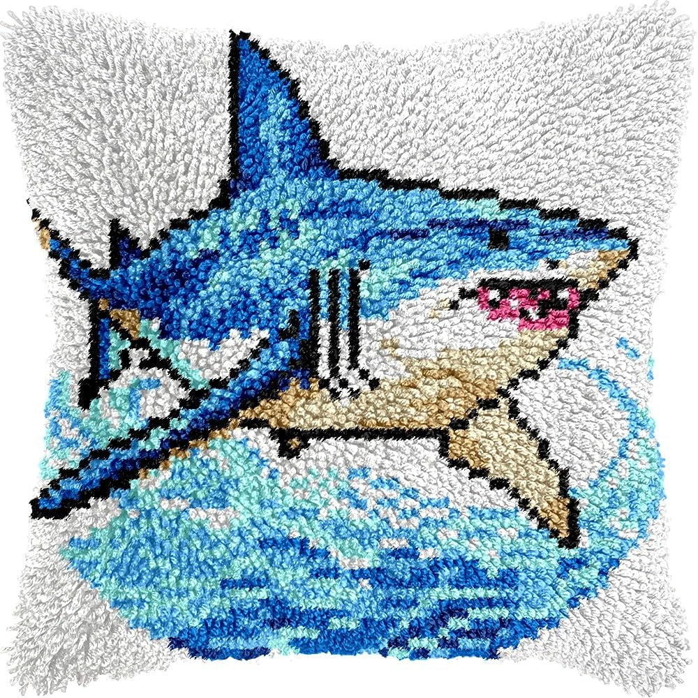 Shark Latch Hook Pillow Kits for DIY Handmade Throw Pillow Cushion Embroidery Latch Hooking Pillowcase Kits with Preprinted Canvas Crochet Yarn Kits 17''X 17''(g90)