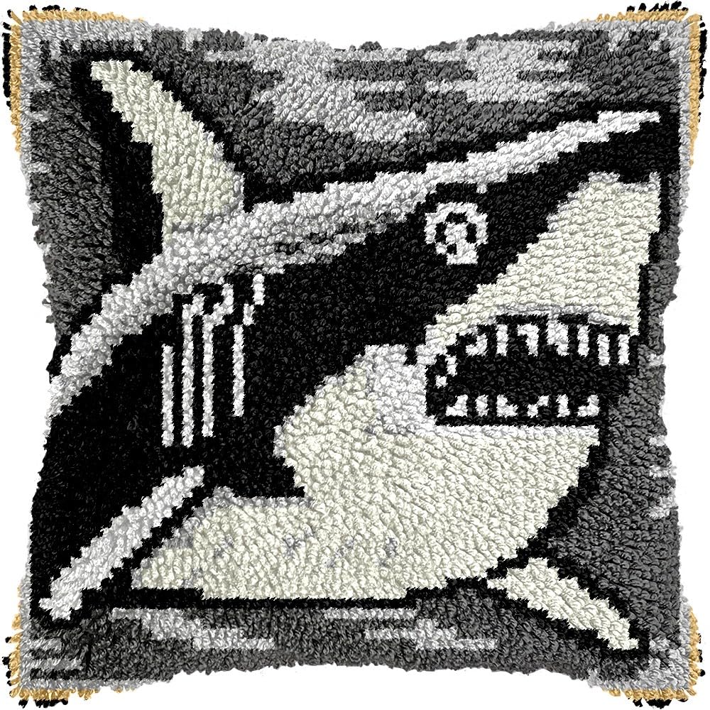 Shark Latch Hook Pillow Kits for DIY Throw Pillow Cushion Embroidery Latch Hooking Pillowcase Kits with Preprinted Canvas Crochet Yarn Kits for Home Decor 17''X 17''(d142)
