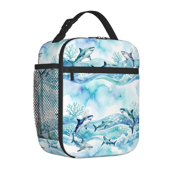 Shark Lunch Bag Abstract Ocean Theme, Reusable Insulated for Hours Tote for Beach Travel