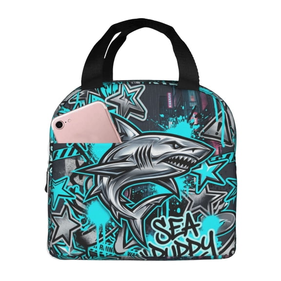 Shark Lunch Bag Cool Nautical Reusable Cooler Tote With Front Pocket Handheld Thermal Meal Prep Bag For Work Office Picnic Travel Sea Predator Pattern