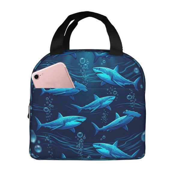 Shark Lunch Box Stylish Marine Print Reusable Cooler Handbag With Front Pocket Thermal Meal Prep Tote For Women Men Work Office Hiking Daily Ocean Bag