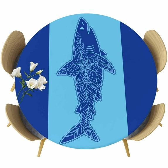 Shark Mandalas Round Tablecloth 55-60 Inch Round Fitted Table Cloth with Elastic Edge, Boho Modern Orange Blue Stripe Tropical Waterproof Table Cover Protector for Outdoor Picnic Party Dining
