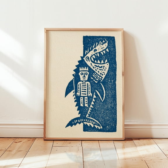 Shark Monster Poster, Blue Folk Art Print, Paper Wall Decor, Poster Only