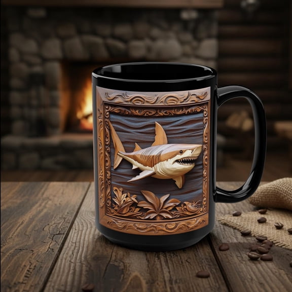 Shark Mug, Rustic Wood Style Shark Lover Coffee Cup, Ocean Marine Life Sea Creatures Animals Gift, Cabin Man Cave Decor, Nature Wildlife Art