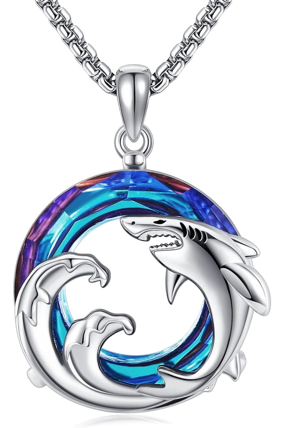Shark Necklace 925 Sterling Silver Blue Crystal Shark Pendant Necklaces Ocean Jewelry Gift for Women Shark Lovers