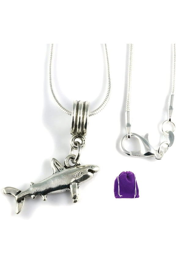 Shark Necklace | Great Shark Gifts for Shark Lovers on a Silver Plated Snake Chain Necklace with a nice Shark Charm of a Great White Shark this is Cool Shark Stuff and awesome Shark Necklaces