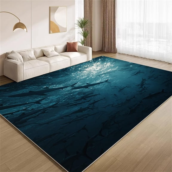 Shark Ocean Area Rugs, Deep Ocean Shark Swarm Underwater Carpet, Washable Non Slip Low Pile Soft Rug for Gaming Room Bedroom Man Cave Decor Mat 2ftx3ft