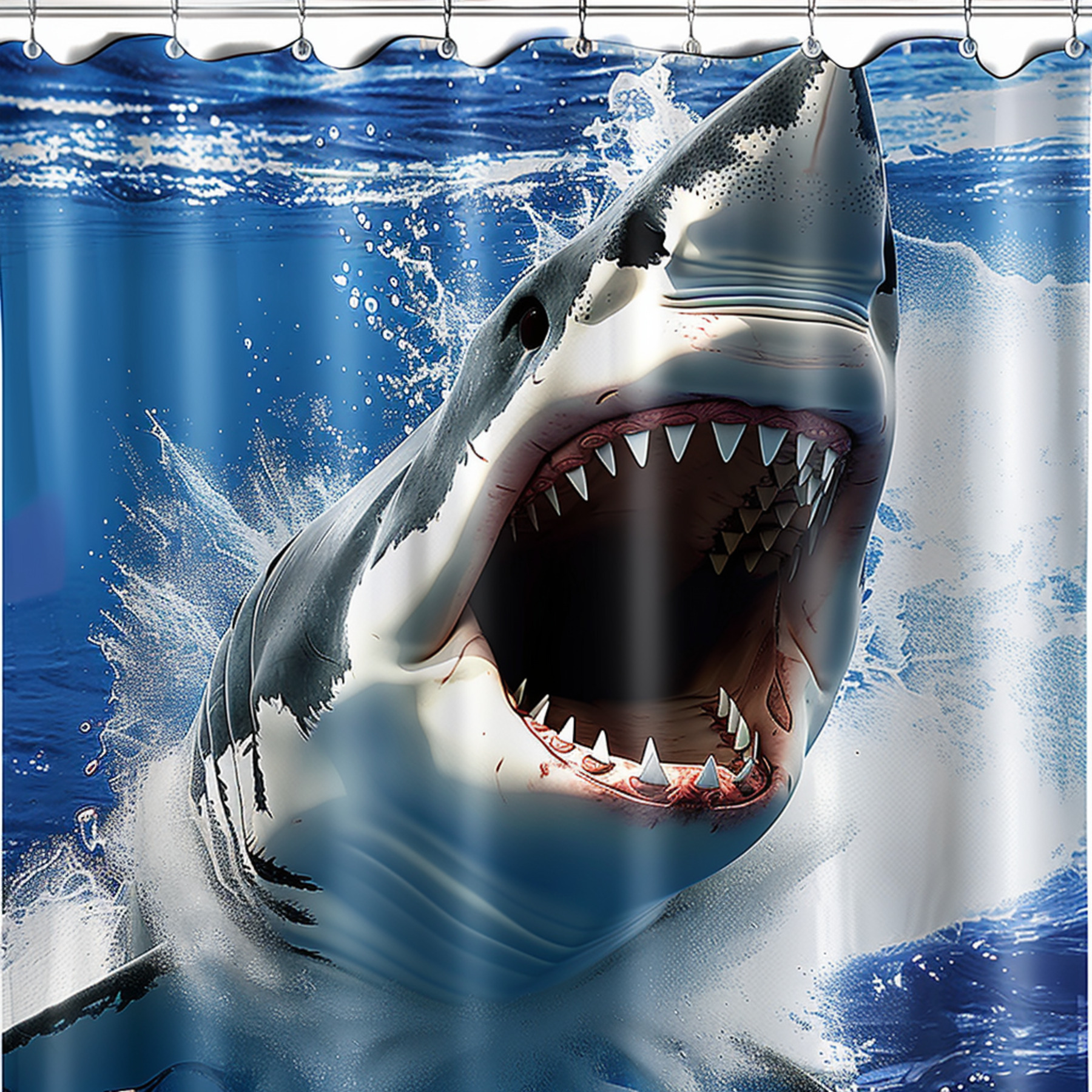 Shark Ocean Bathroom Curtain Ultra Realistic Photo Style White Blue