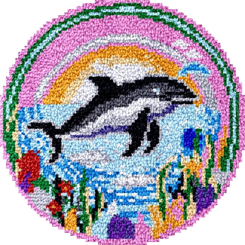 Shark Ocean Creatures Round Shape Latch Hook Rug Kits Set for Starter Crochet Hook Cushion Mat Sofa Seat Cushion Crocheting Kits with Preprinted Canvas Crochet Yarn Kits 50X50CM (fi30)