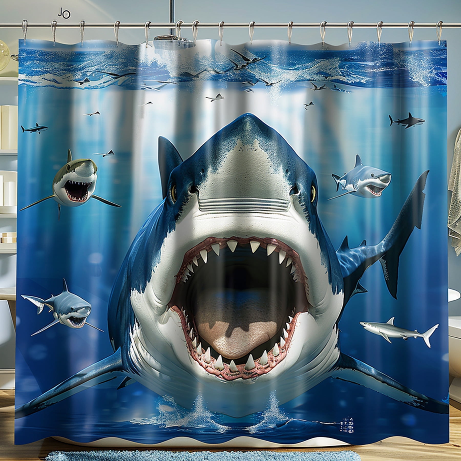 Shark Ocean Scene Shower Curtain Set Detailed Cartoon Style Design with