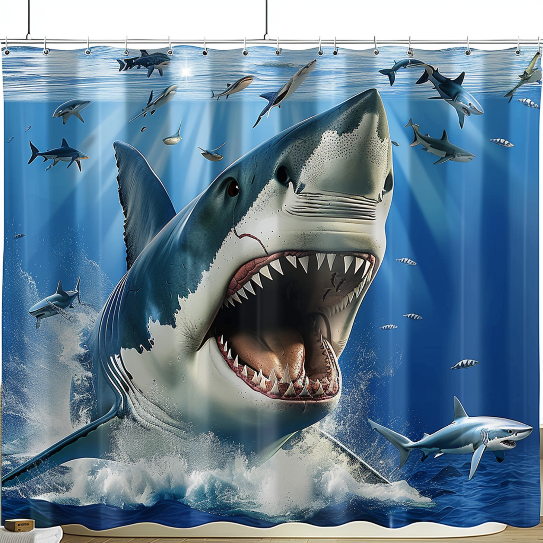 Shark Ocean Scene Shower Curtain Set Underwater Design with Sharks