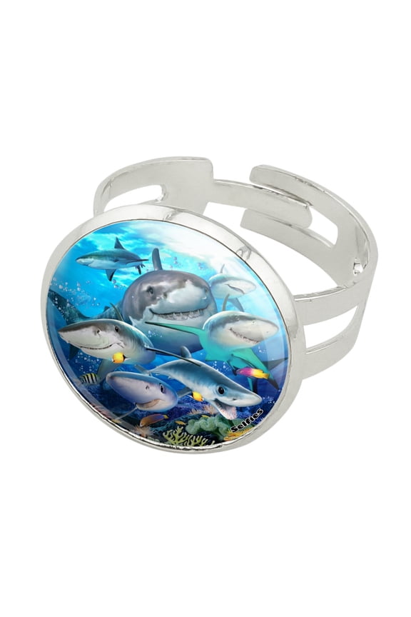 Shark Ocean Selfie Silver Plated Adjustable Novelty Ring