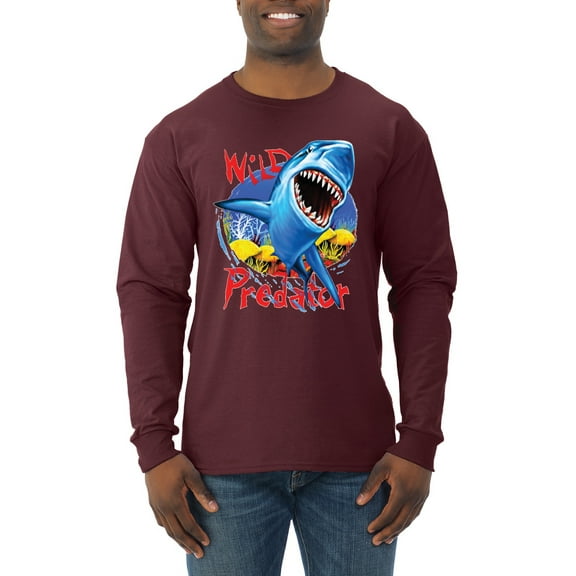 Shark Ocean Wild Predator Mens Long Sleeve Shirt, Maroon, X-Large