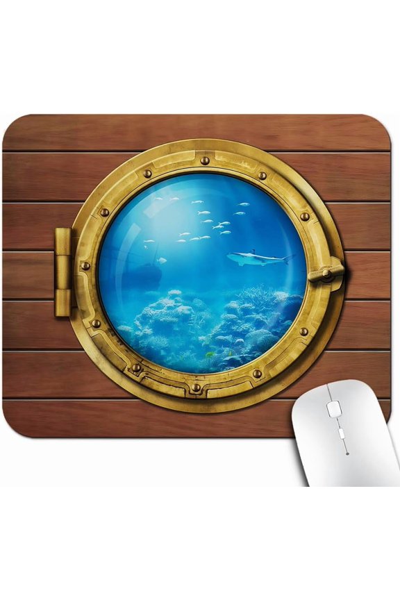 Shark Office/Gaming Mouse Pad 9.5"x7.9", Anti-Slip Mat for Desk, Submarine Chamber Window with A View of Coral Reef Swimming Fishes Print
