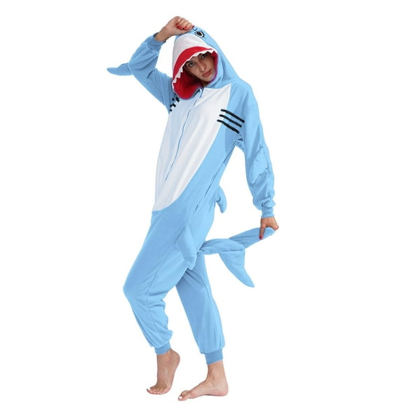 Shark Onesie Pajamas, Adult Shark Costume Animal Halloween Onesie for Women, Funny Cosplay Costume One Piece Pajamas Gift for Women/Man