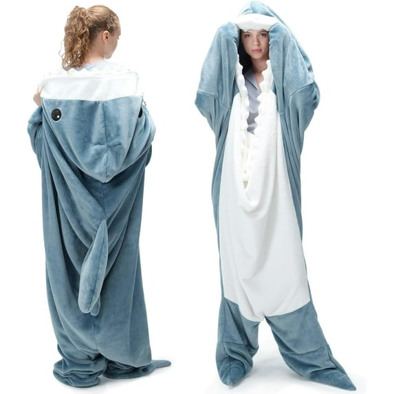 Shark Onesie Shark Blanket, XL Size Flannel Blanket Hoodie Wearable Blanket Halloween Costumes for Cosplay, Cartoon Throw Blankets Shark Sleeping Bag Blanket Halloween Blanket Christmas Blanket