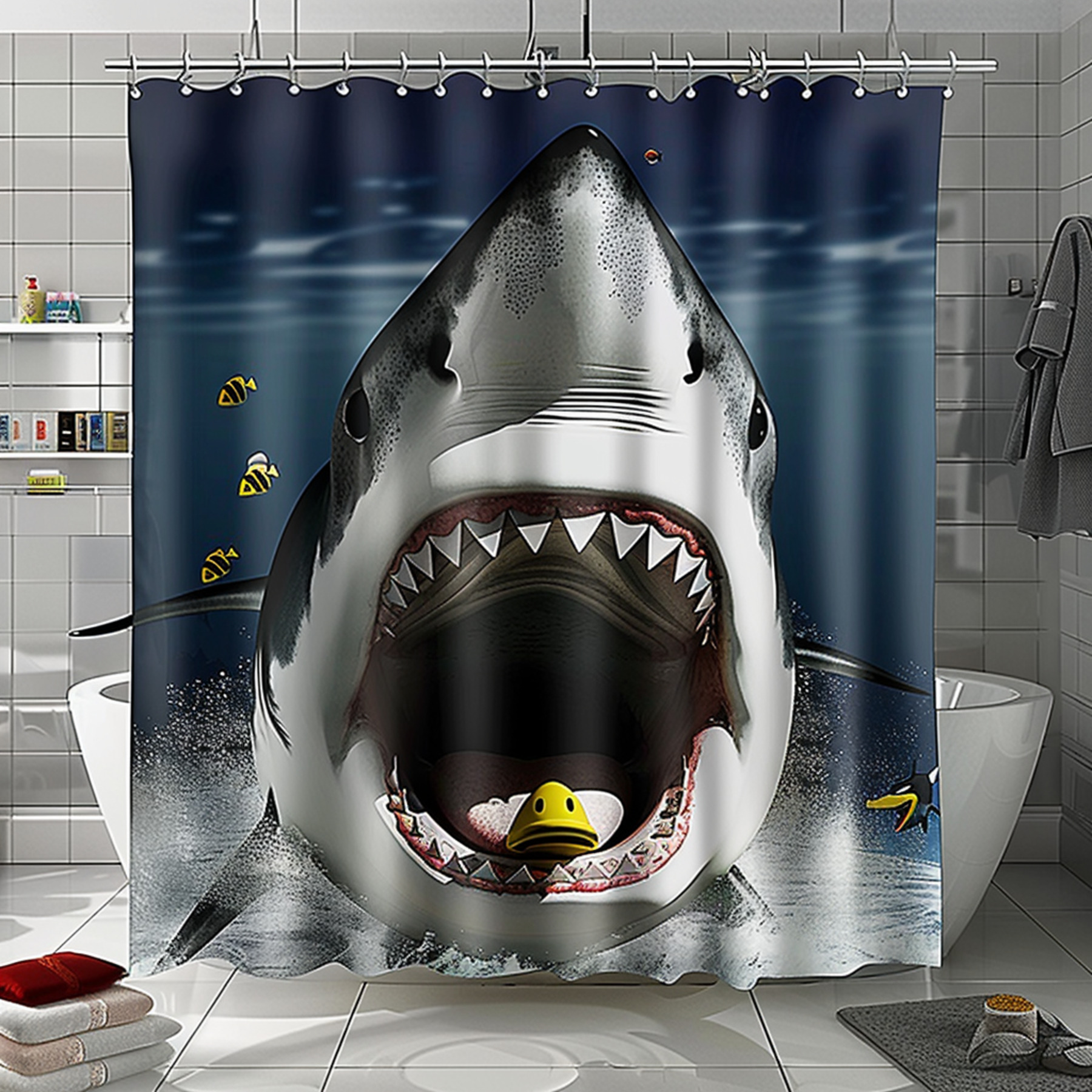 Shark Open Mouth Ocean Bathroom Shower Curtain Set Hyper Realistic ...