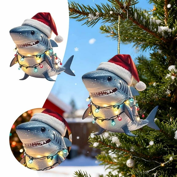 Shark Ornament for Christmas Tree 2025, 2D Santa Hat White Shark Christmas Ornament, Acrylic Hanging Decor, Ocean Life Christmas Decorations, Shark Gifts for Women Men, Christmas Keepsake