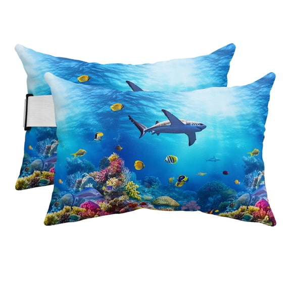 Shark Outdoor Pillows for Chaise Lounge Chair Beach Headrest Pillow Set of 2 Waterproof Lumbar Pillows with Insert&Strap Blue Ocean Underwater Animal Coral Tropical Fish Pillow for Patio Pool 12"x20"