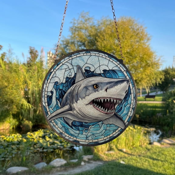 Shark Painted Stained Glass Suncatcher, Window Hanging Decor, Outdoor Sun Catcher Decor, Sea Animals Home Decor, Seascape Art