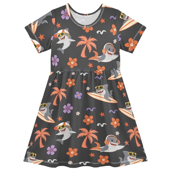 Shark Palm Tree Pattern Girls Short Sleeve Dress A Line Sun Protection Breathable Comfort Sundress 2T