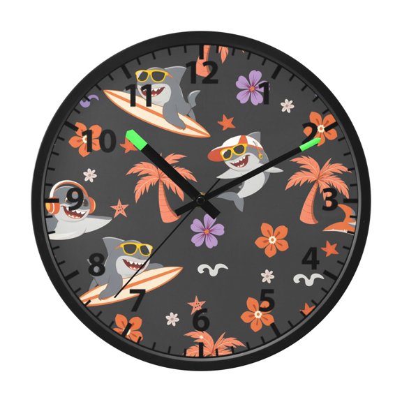 Shark Palm Tree Pattern Wall Clock 12 Inch Voice Activated Night Light Silent Non Ticking