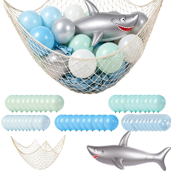 Shark Party Decorations Set 52 Pcs, 37 Inch Inflatable Shark with Fishing Net & 50 Latex Balloons, Under The Sea Ocean Nautical Themed Supplies for Birthday Pool Baby Shower Party Decor