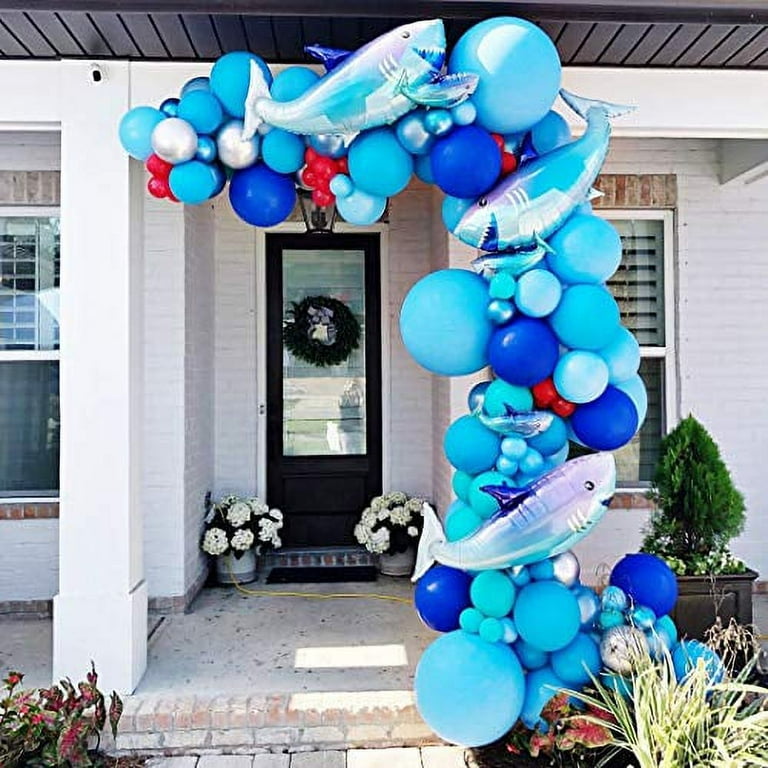 Shark Party Decorations Supplies Caribbean Blue Sliver Red Balloon Arch Kit  & Garland with Shark Balloons, 115pcs for Baby Shower, Kid's Birthday