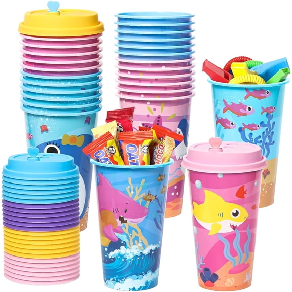 Shark Party Favors Goodie Cups with Lids, 24 Pack Birthday Party Cups , 16OZ Plastic Ocean Shark Themed Reusable Party Supplies Decorations Cups for Baby Kids