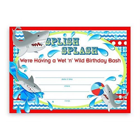 Shark Party LARGE Invitations - 10 Invitations 10 Envelopes