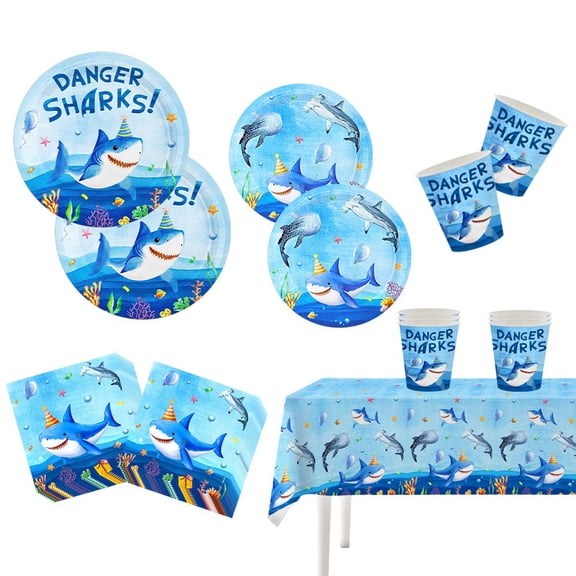Shark Party Supplies Set Plates Paper Cups Tablecloth Napkins Disposable Tableware Birthday Decor