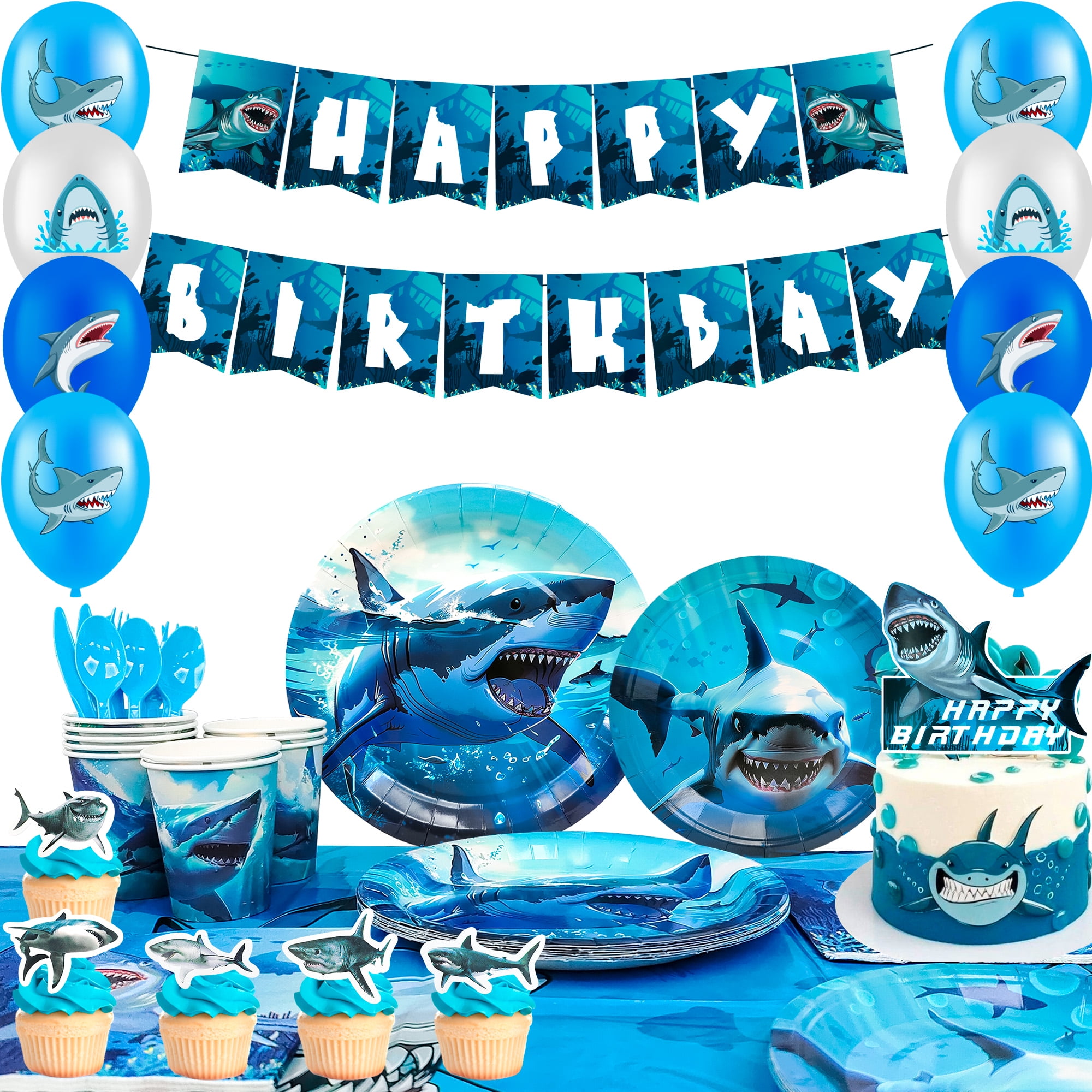 Shark Birthday Party Decorations,Shark Party Decorations & Shark Tableware Set- Shark Plate Cups Napkins & Shark Birthday Banner Balloons Cupcake Toppers etc Shark Birthday Party Supplies