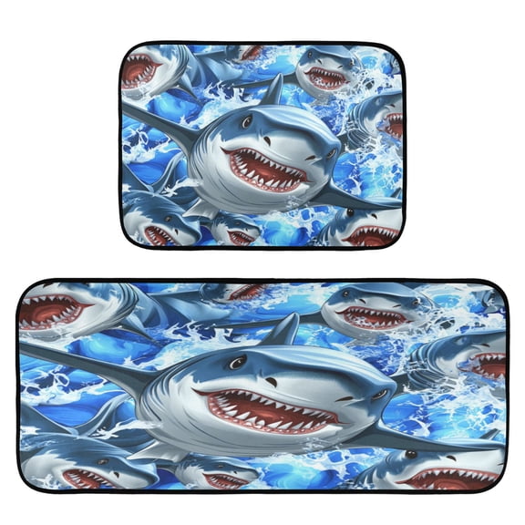 Shark Pattern 2-Piece Kitchen Carpet Mat Set, Non-Slip Memory Foam, Soft for Kitchen and Living Room Use