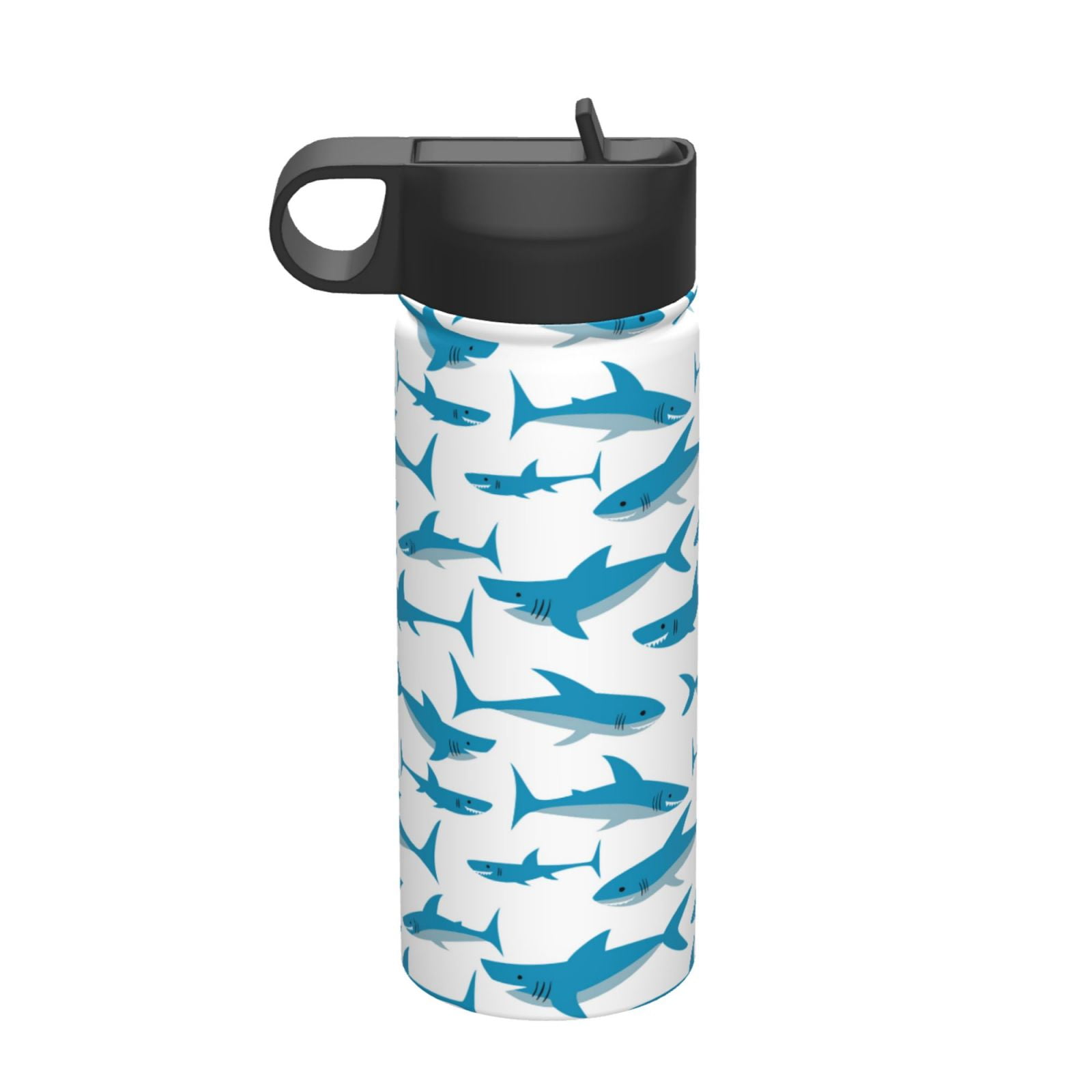 Shark Pattern (6) 18 oz Water Bottle with Straw Lid Insulated Water