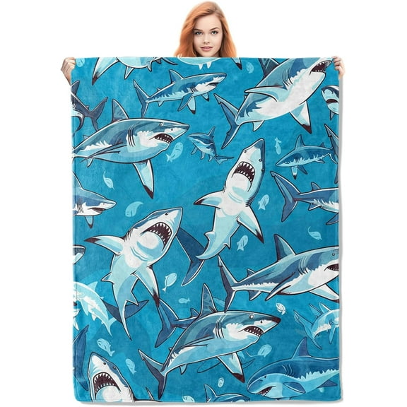 Shark Pattern Blanket, Ocean-Themed Fleece Throw with Cartoon Sharks Design, Soft Cozy Lightweight Blanket, for Marine Life Enthusiasts, 60x80 in,Decor