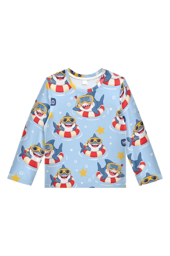 Shark Pattern Boys' Rash Guard Shirts UPF 50 Plus Sun Protection Short Sleeve Swim Tees 4T
