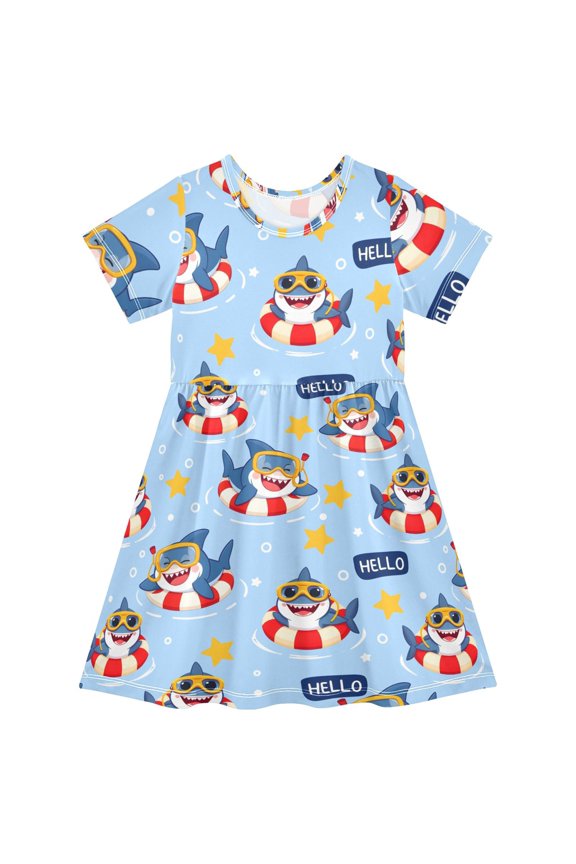 Shark Pattern Girls Short Sleeve Dress A Line Sun Protection Breathable Comfort Sundress 2T