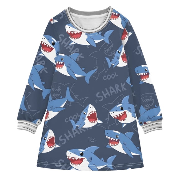 Shark Pattern Girls'long-sleeved dress Thickened A-dress Warm Dress Basic Shirt Party Dresses