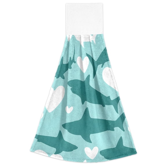 Shark Pattern Hand Towels 2 Pack Quick Dry Velvet Soft with Velcro Kitchen Bath 14x18in