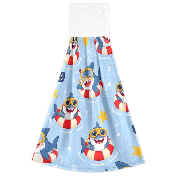 Shark Pattern Hand Towels 2 Pack Quick Dry Velvet Soft with Velcro Kitchen Bath 14x18in