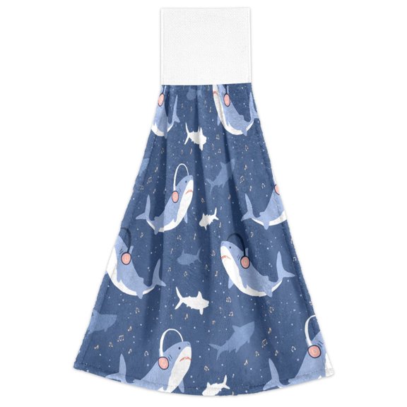 Shark Pattern Hand Towels 2 Pack Quick Dry Velvet Soft with Velcro Kitchen Bath 14x18in