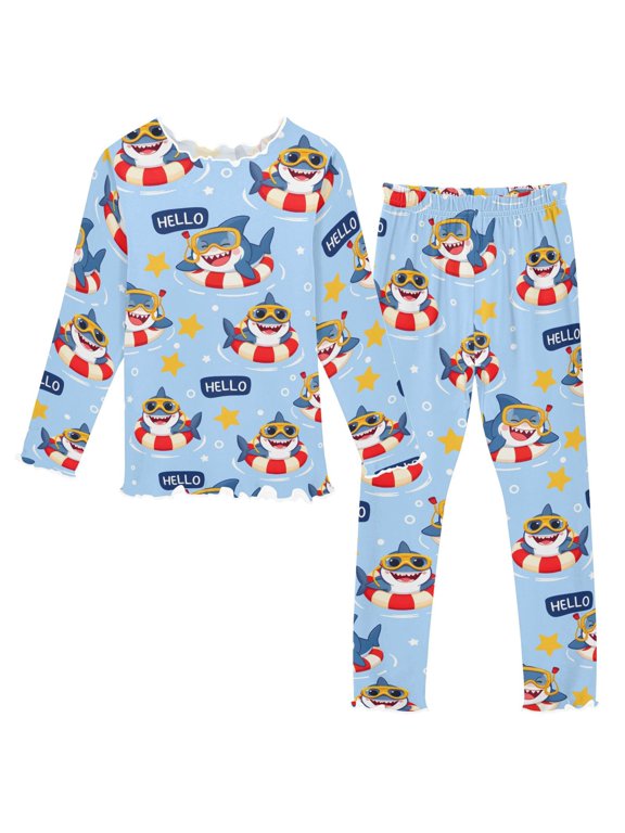 Shark Pattern Long Sleeve Snug Fit Pajama Set 2 Piece Soft Warm Fleece Top and Pants Sleepwear PJs