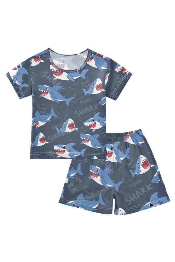 Shark Pattern Summer Pajama Set Soft Cotton Short Sleeve Sleepwear 2PCS Pajama Sets Breathable Lounge Set Size 10Y
