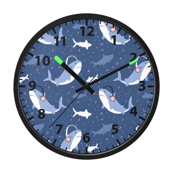 Shark Pattern Wall Clock 12 Inch Voice Activated Night Light Silent Non Ticking