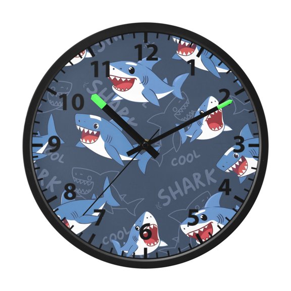 Shark Pattern Wall Clock 12 Inch Voice Activated Night Light Silent Non Ticking