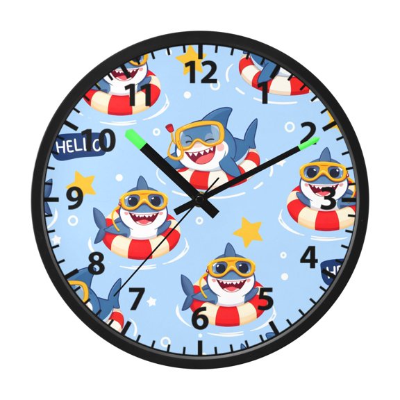 Shark Pattern Wall Clock 12 Inch Voice Activated Night Light Silent Non Ticking